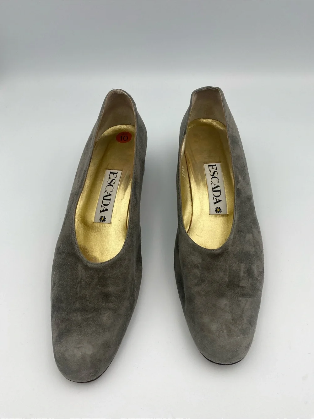 Escada Gray Suede Low Block Heel Pumps with Gold Accent